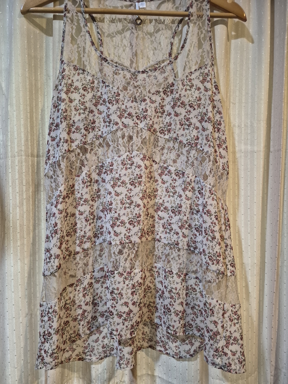 Robin K Floral Lace Inset Racerback Tank Top Tunic High Low Cream Pink Sz M